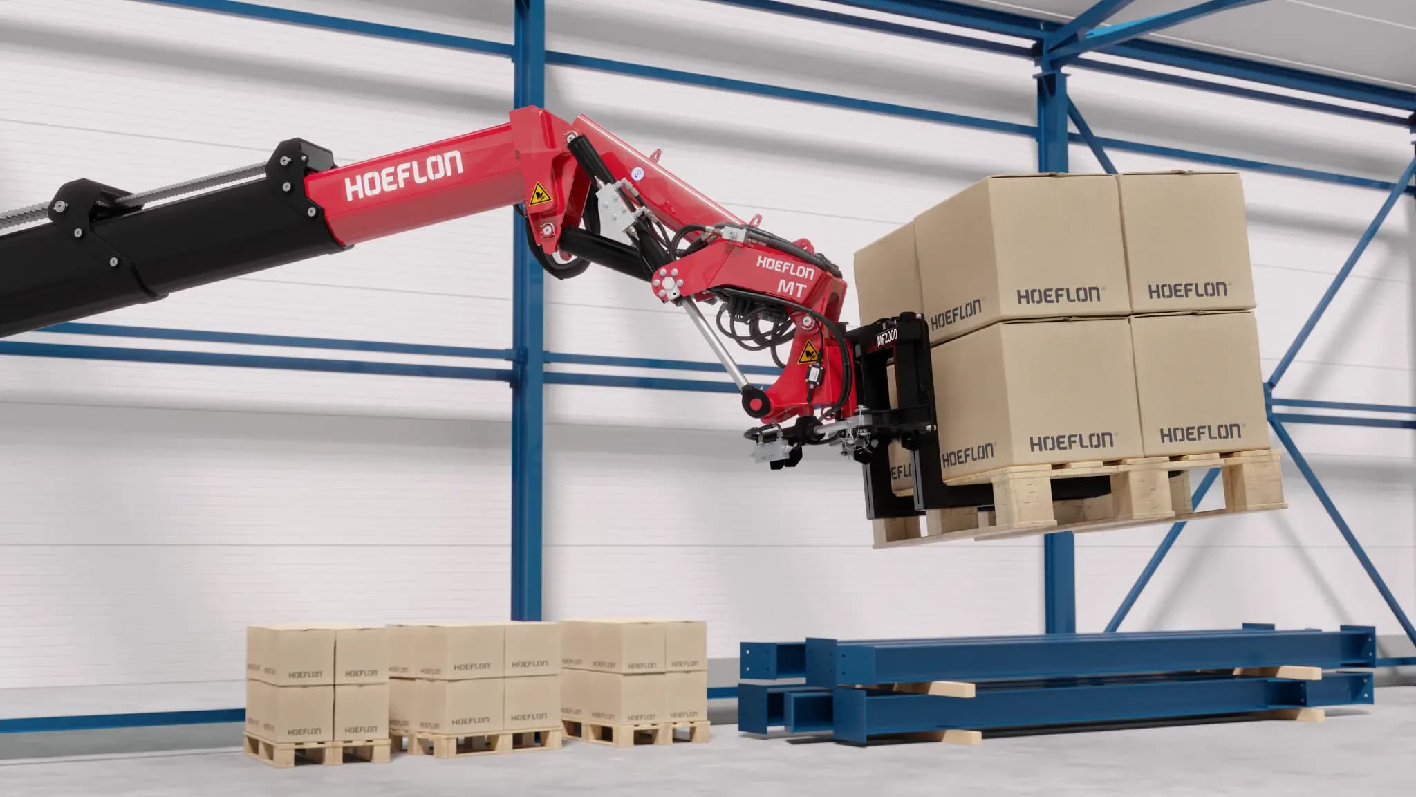 Hoeflon Multitool tilt de pallet met dozen in een magazijn.