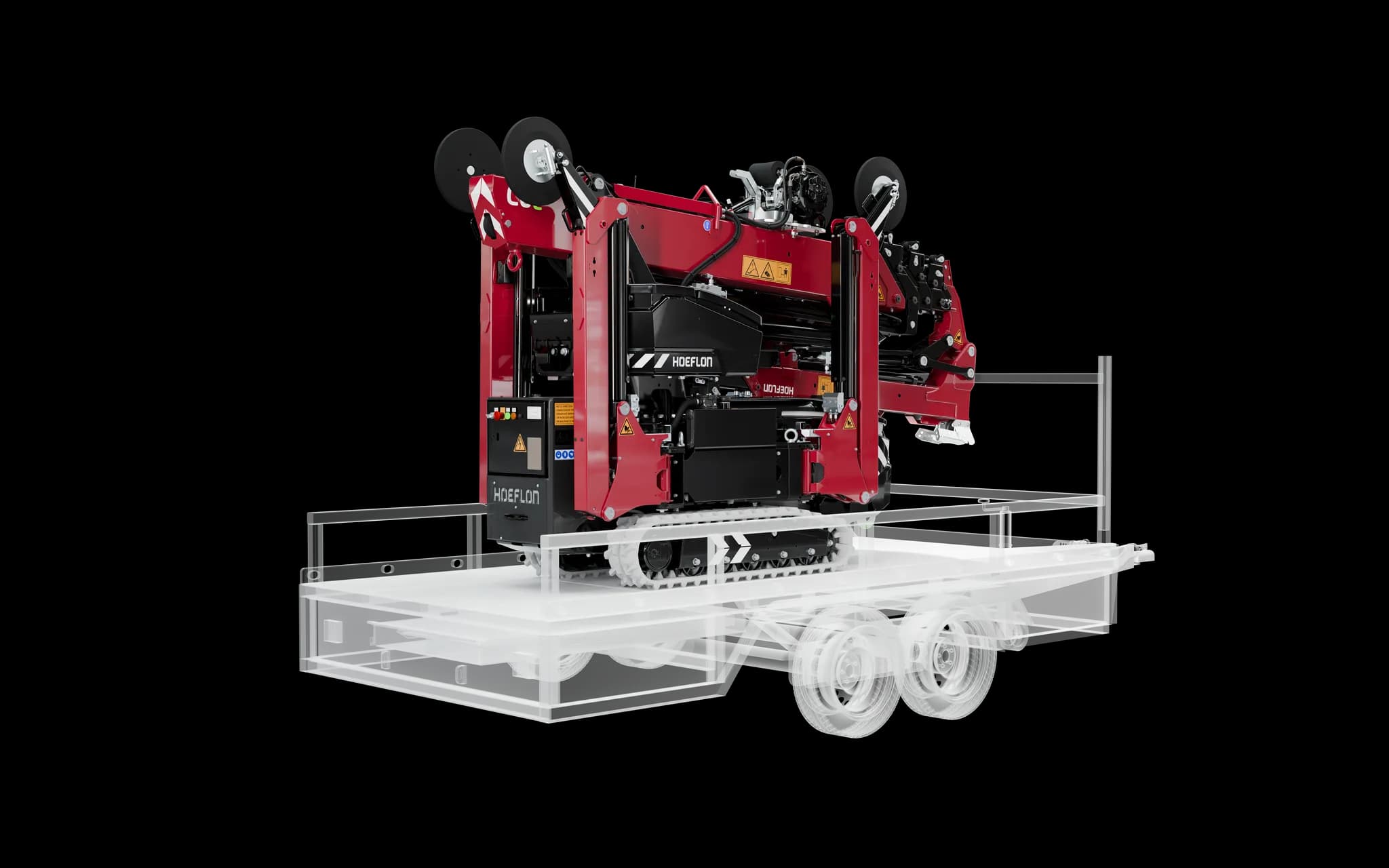 C6e op aanhanger met de machine in opgevouwen positie.