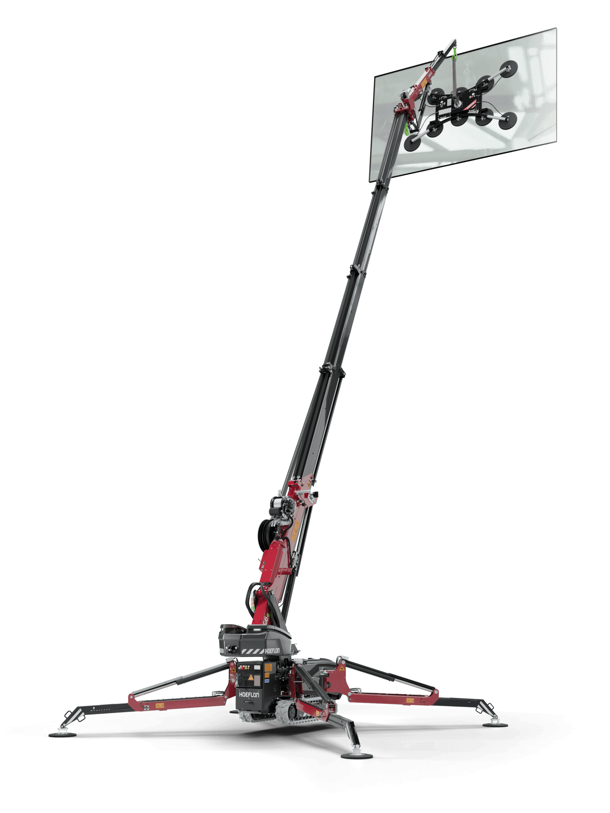 C6e kraan met glaszuiger die glasplaat optilt, in werkstand.