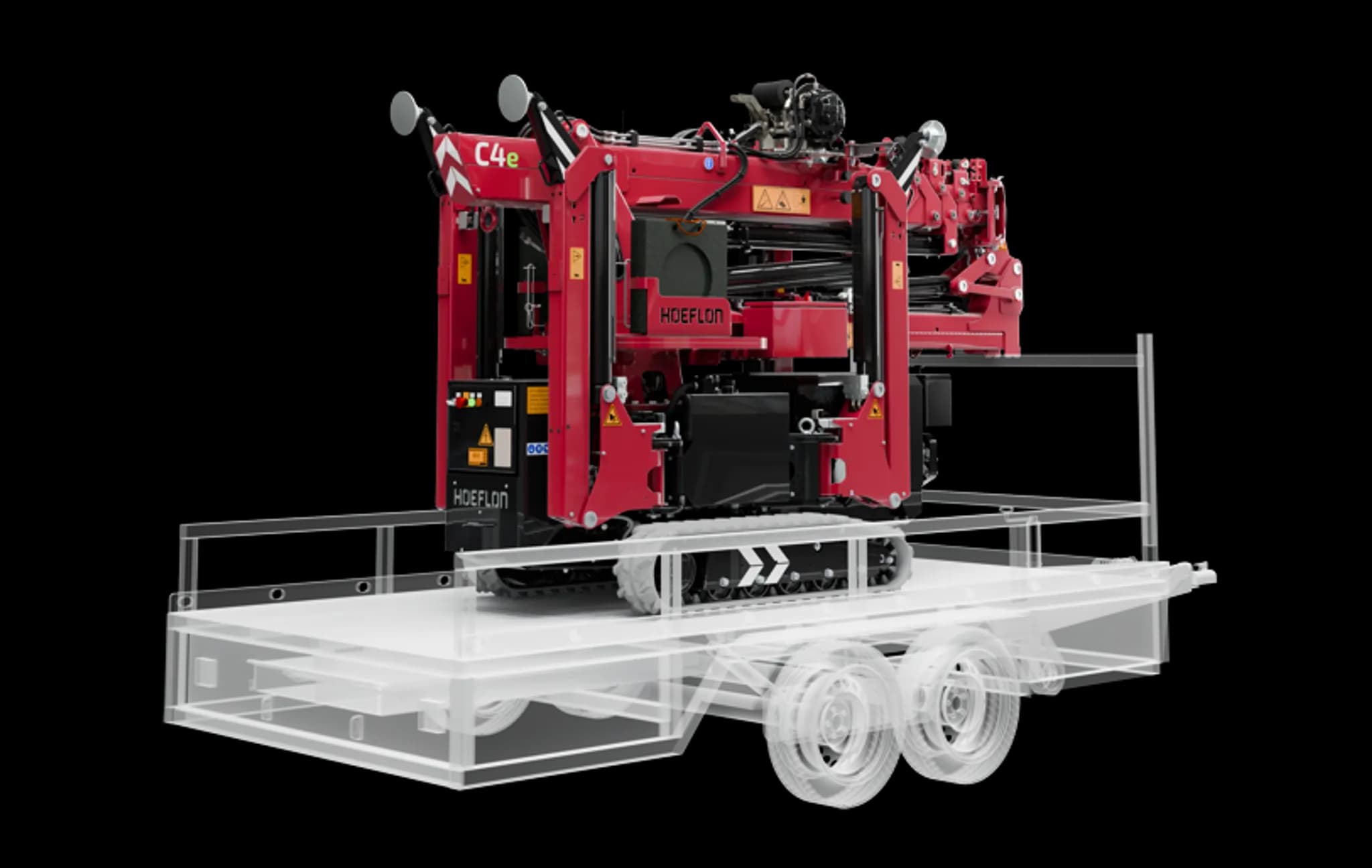Afbeelding van de Hoeflon C4e kraan op een compacte transportaanhanger.