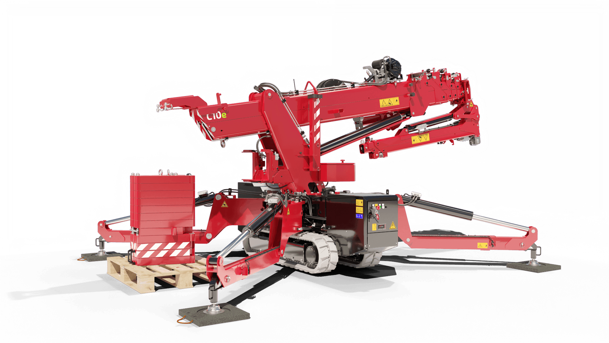 Afbeelding van de C10e kraan met ballast die wordt afgenomen.