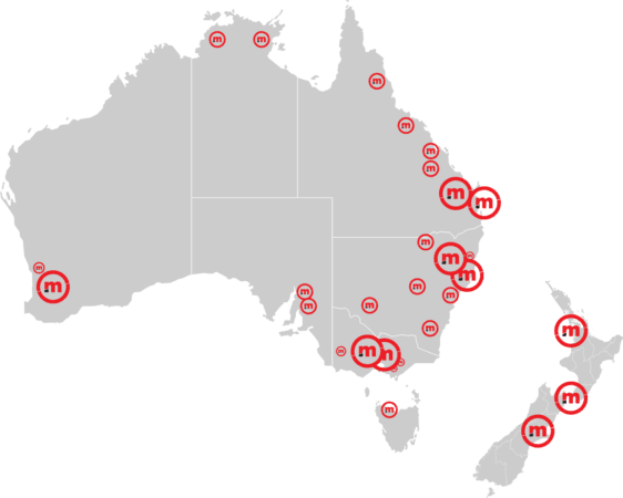 Kaart van Australië en Nieuw-Zeeland met locaties gemarkeerd.