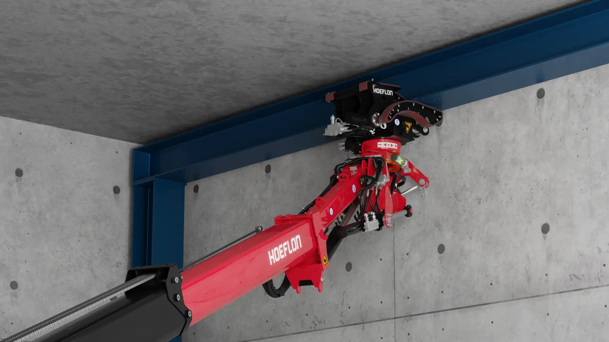 Hoeflon multitool met balkenklem in hoek tussen plafond en muur.